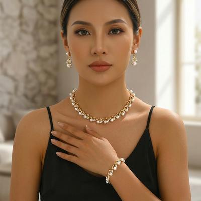 2025 Luxury Pearl Necklace Earrings Bracelet Set Gold