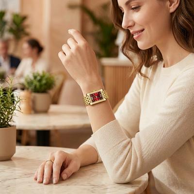 Silver Square Bracelet Women Watch with Red Dial