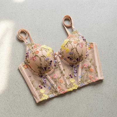 Transparent Embroidered Floral Sling Bra Non-Rimmed Small