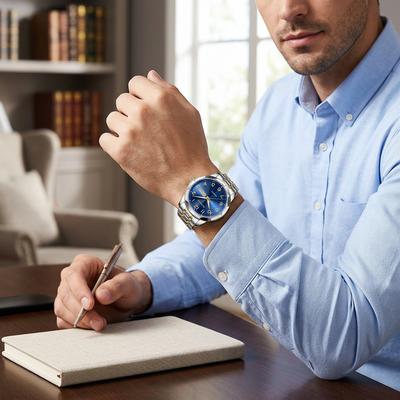 Luxury Men's Quartz Watch Blue Dial Steel Band