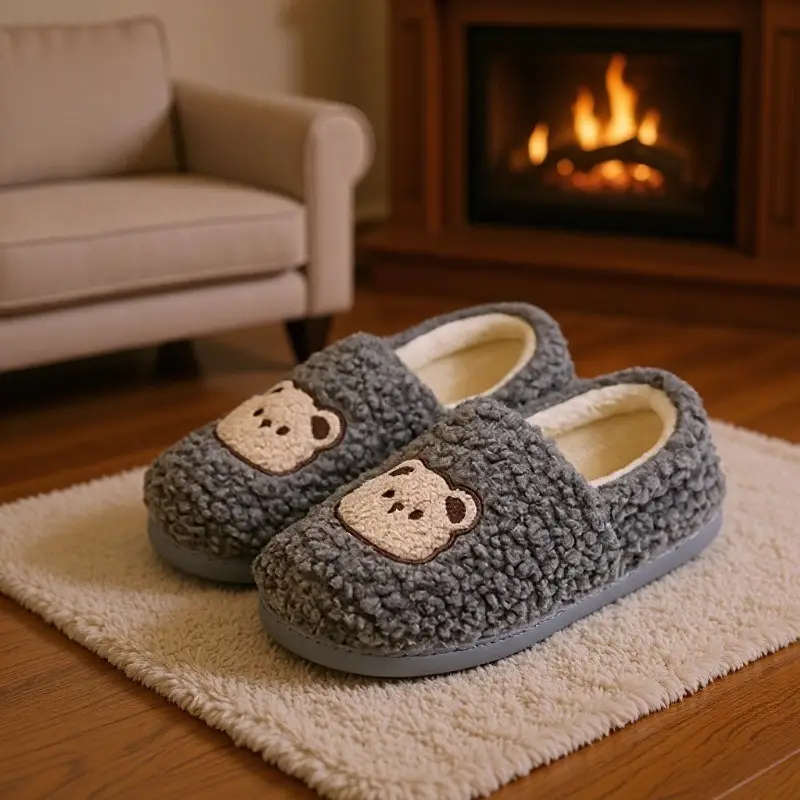 Green Cotton Plush Slippers for Women Winter 2025 - Image 3