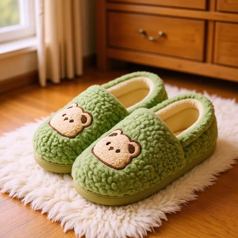 Green Cotton Plush Slippers for Women Winter 2025 - Image 4