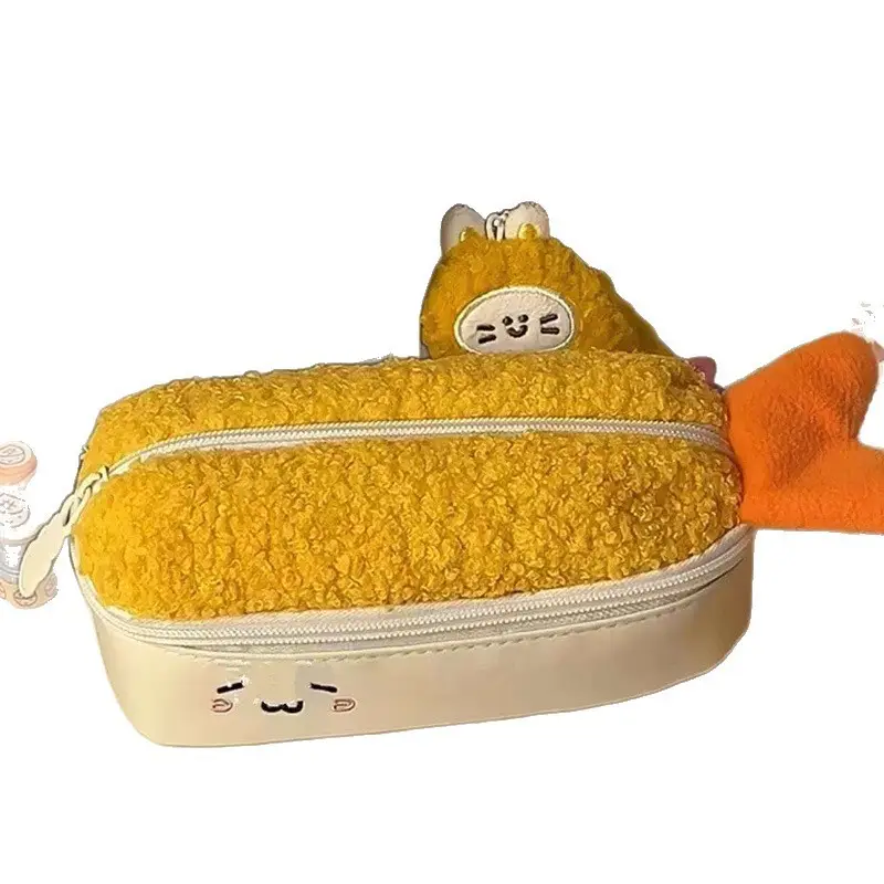 Fried Shrimp Plush Pencil Case Ins Cute Large Capacity Double-Layer Pencil Case High-Looking Primary and Secondary School Student Stationery Box Storage