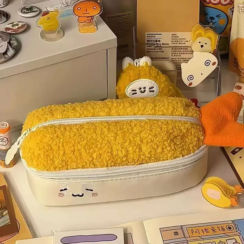 Fried Shrimp Plush Pencil Case Ins Cute Large Capacity Double-Layer Pencil Case High-Looking Primary and Secondary School Student Stationery Box Storage — feature 2