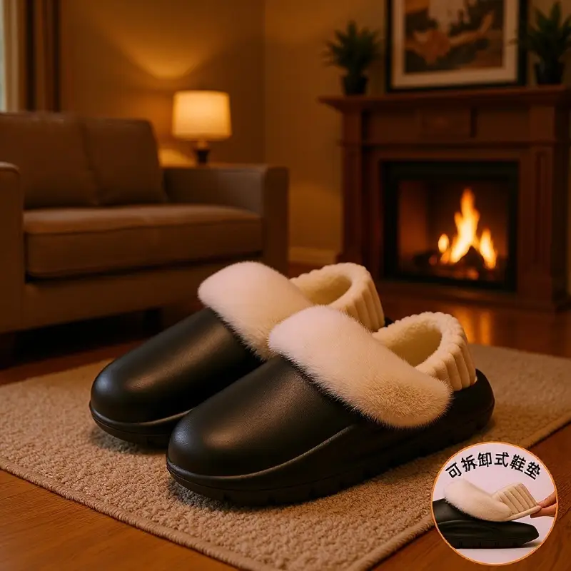 Men's Winter Wool Slippers Black Non-Slip Warm