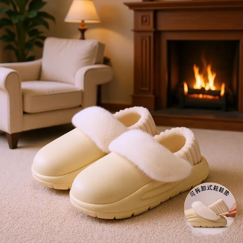 Men's Winter Wool Slippers Black Non-Slip Warm