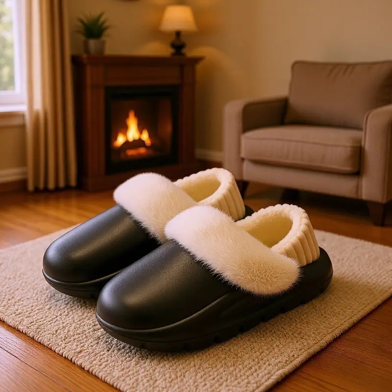 Men's Winter Wool Slippers Black Non-Slip Warm