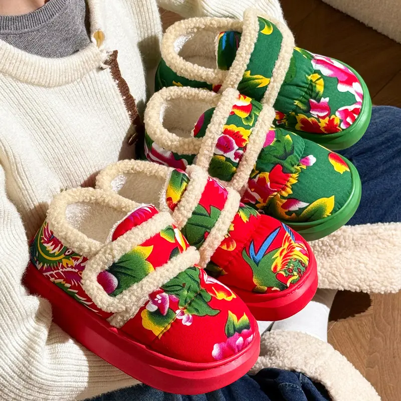 Northeastern Large Flower Bag Heel Cotton Slippers for Women, Autumn and Winter New Style, Non-Slip Festive Fleece-Lined Warm Cotton Shoes for Home and Outdoor Wear - Image 2