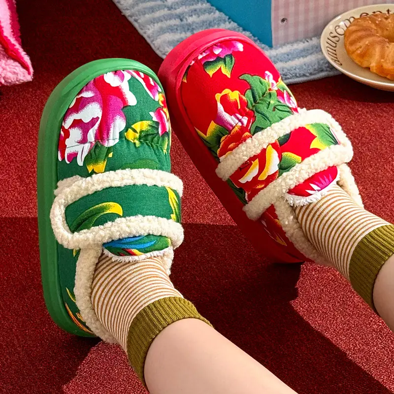 Northeastern Large Flower Bag Heel Cotton Slippers for Women, Autumn and Winter New Style, Non-Slip Festive Fleece-Lined Warm Cotton Shoes for Home and Outdoor Wear - Image 3