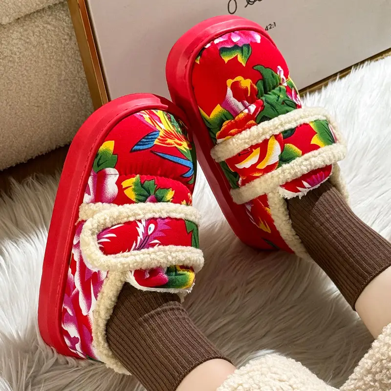 Northeastern Large Flower Bag Heel Cotton Slippers for Women, Autumn and Winter New Style, Non-Slip Festive Fleece-Lined Warm Cotton Shoes for Home and Outdoor Wear - Image 5