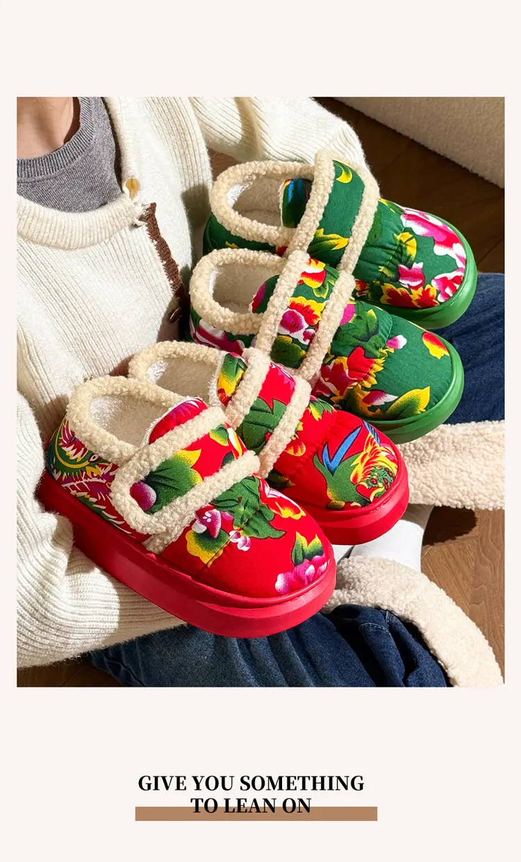 Northeastern Large Flower Bag Heel Cotton Slippers for Women, Autumn and Winter New Style, Non-Slip Festive Fleece-Lined Warm Cotton Shoes for Home and Outdoor Wear — feature 10