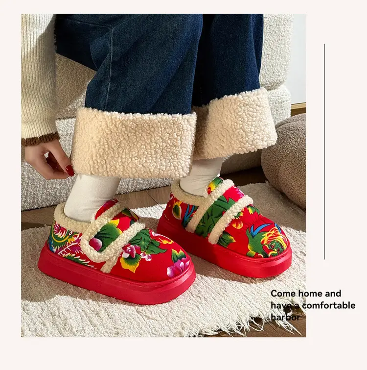 Northeastern Large Flower Bag Heel Cotton Slippers for Women, Autumn and Winter New Style, Non-Slip Festive Fleece-Lined Warm Cotton Shoes for Home and Outdoor Wear — feature 9