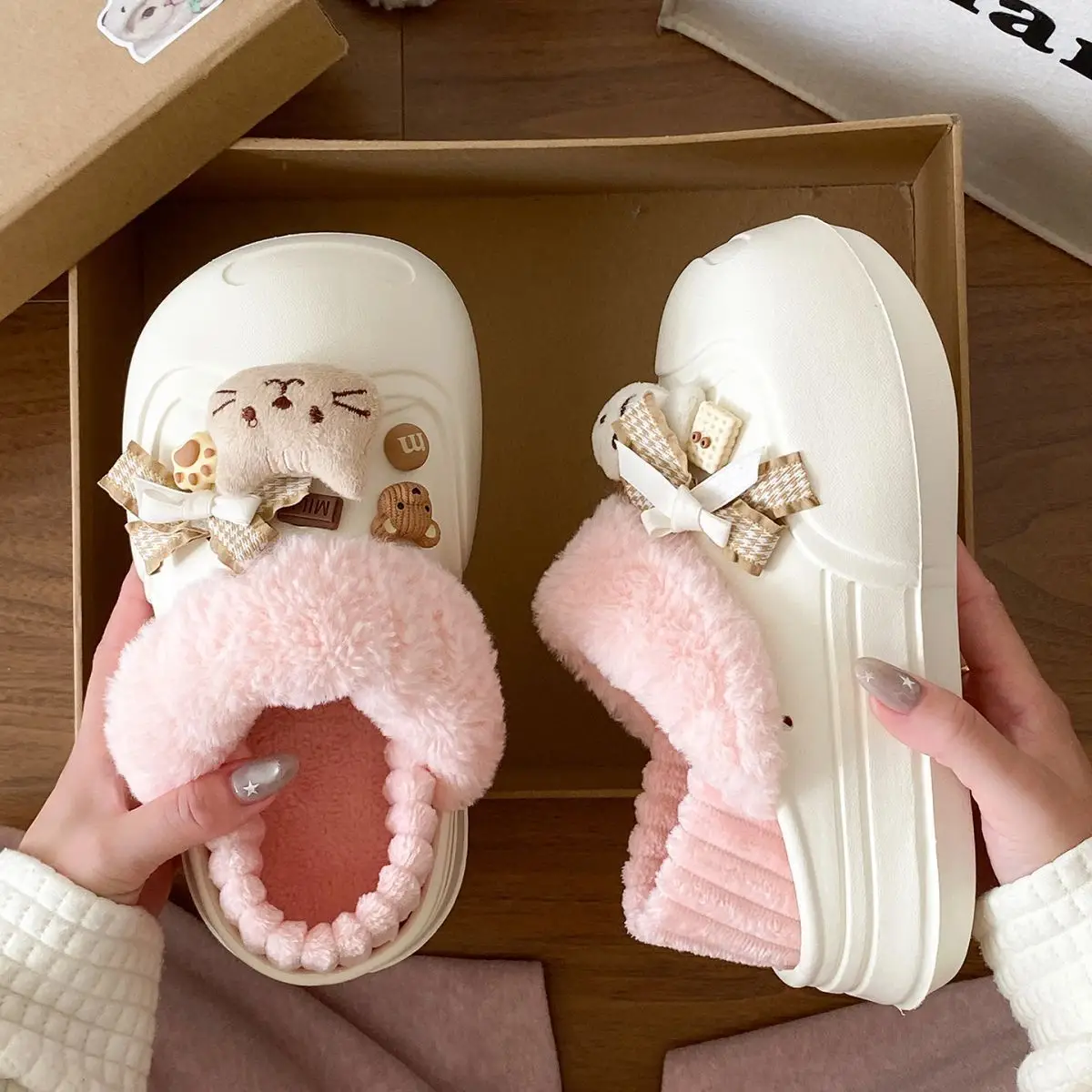 Women's Pink Furry Heel Slippers for Winter Outings — feature 28