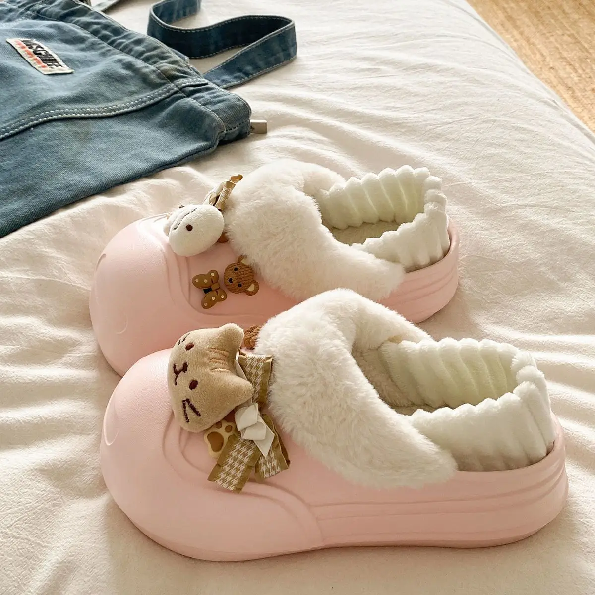 Women's Pink Furry Heel Slippers for Winter Outings — feature 38