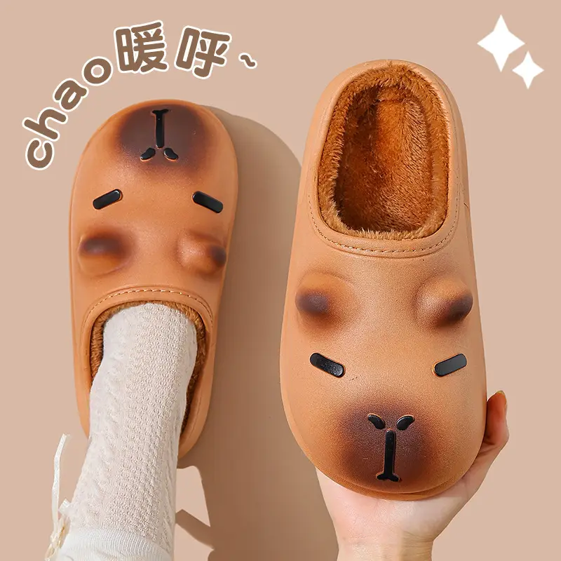 Cute Kapibala Autumn and Winter Cotton Slippers for Boys and Girls, Warm Fleece-Lined Waterproof, Medium and Large Kidsren's Home Baby Cotton Shoes - Image 10