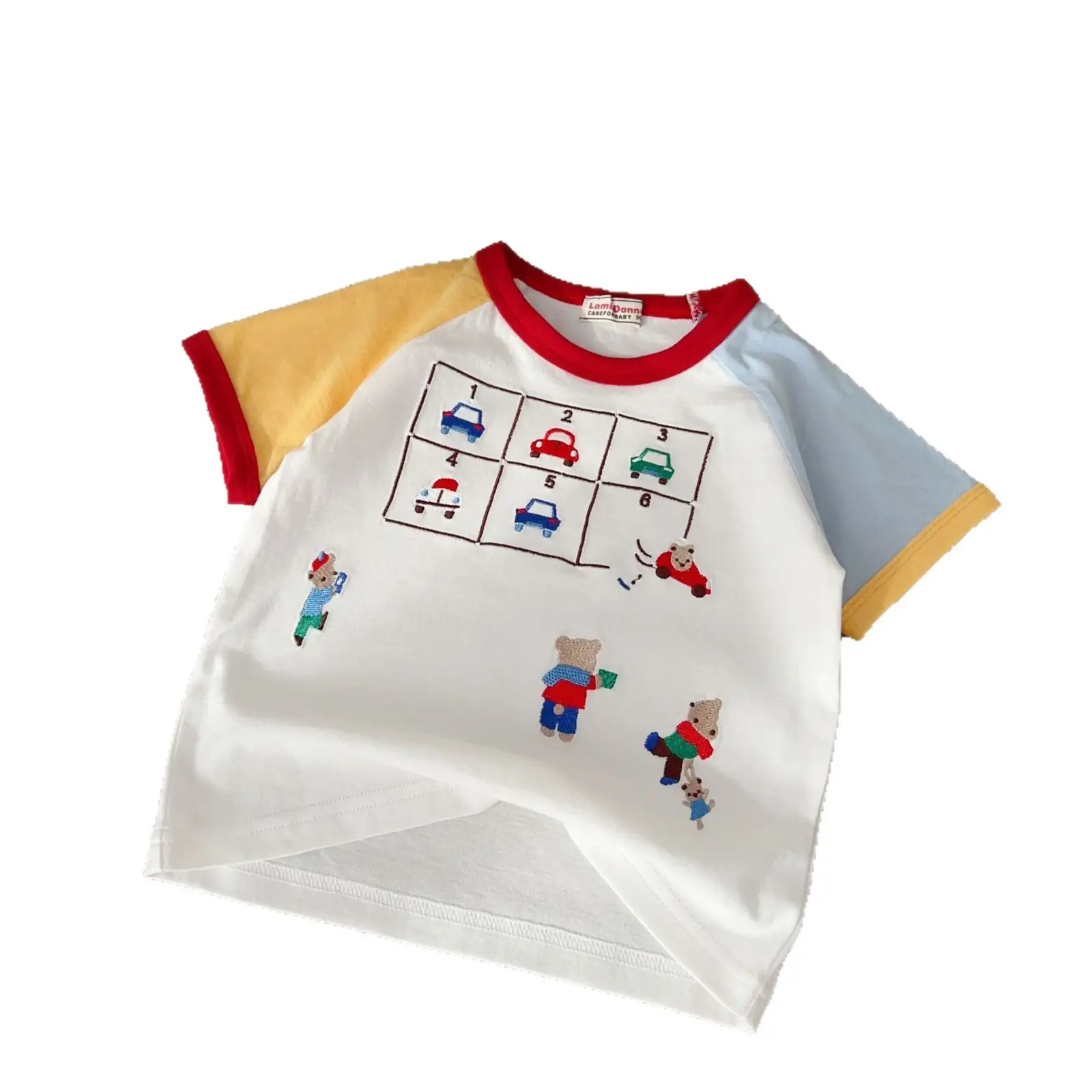 Boys Cartoon Car Patchwork T-Shirt Blue Pants Set - Image 7