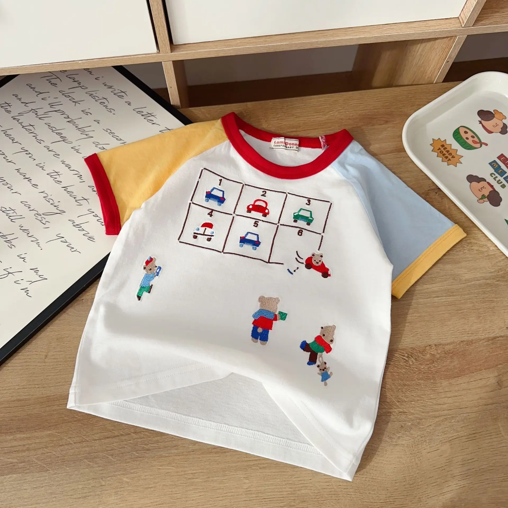Boys Cartoon Car Patchwork T-Shirt Blue Pants Set — feature 13