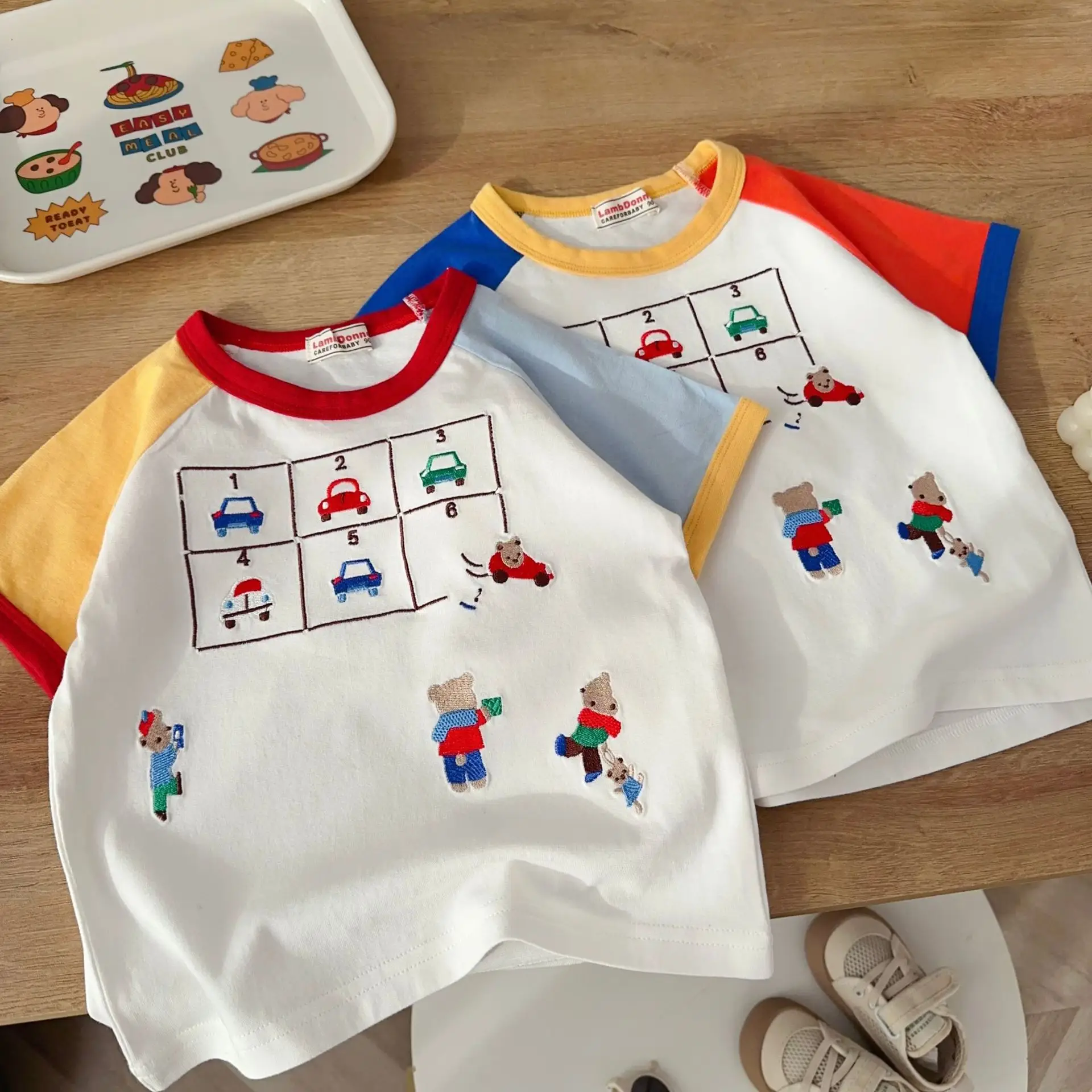 Boys Cartoon Car Patchwork T-Shirt Blue Pants Set — feature 9