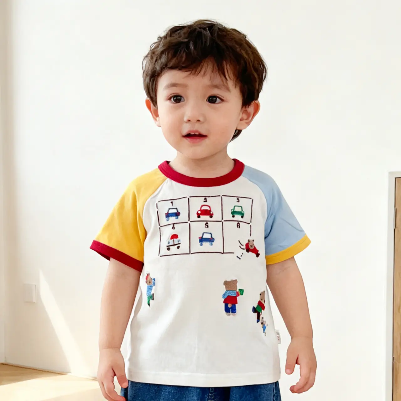 Boys Cartoon Car Patchwork T-Shirt Blue Pants Set - Image 2