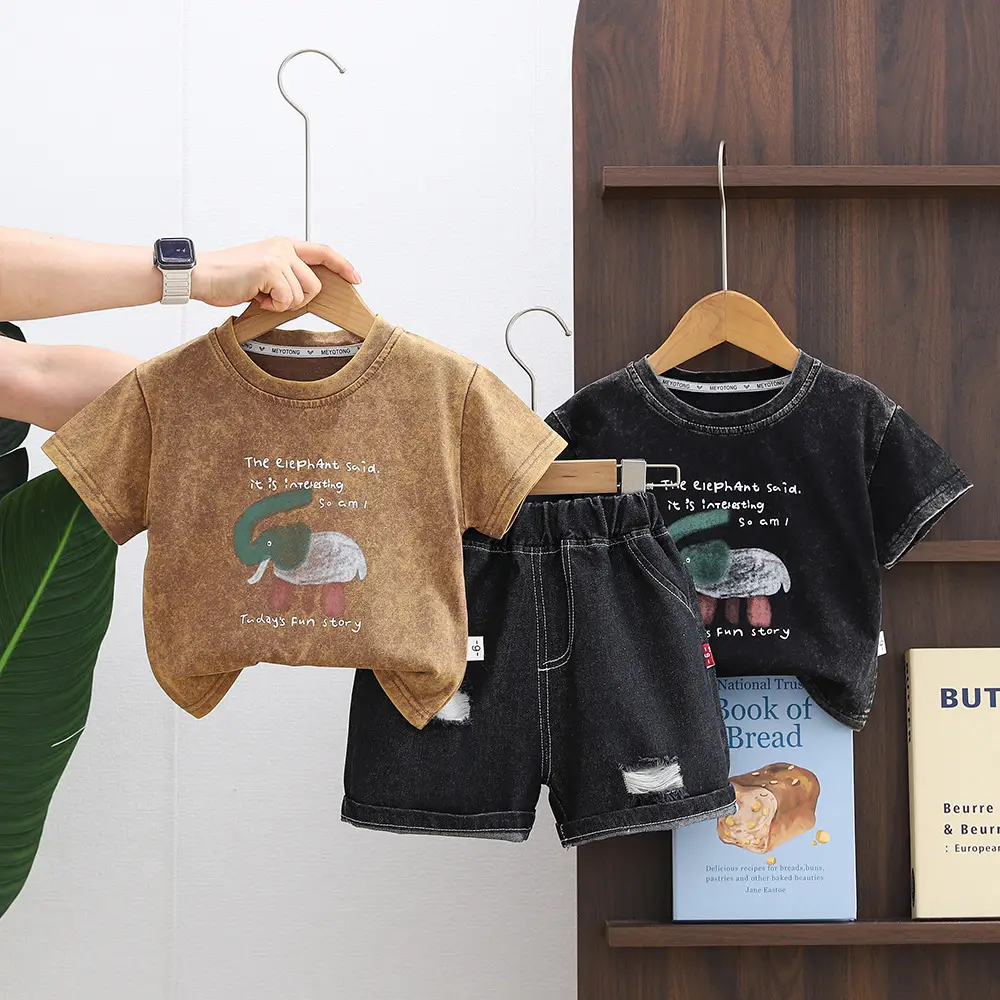 Boys Cartoon T-Shirt Shorts Set Brown Black 2026 - Image 3