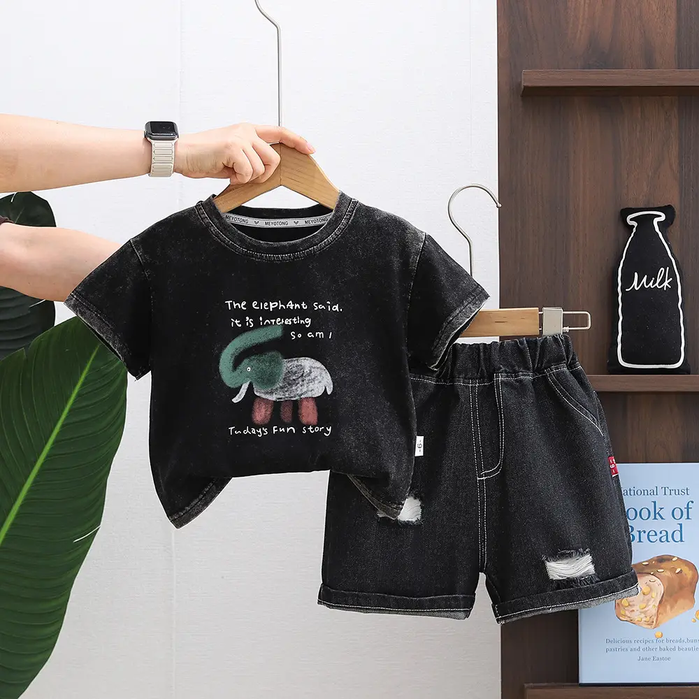 Boys Cartoon T-Shirt Shorts Set Brown Black 2026 - Image 2