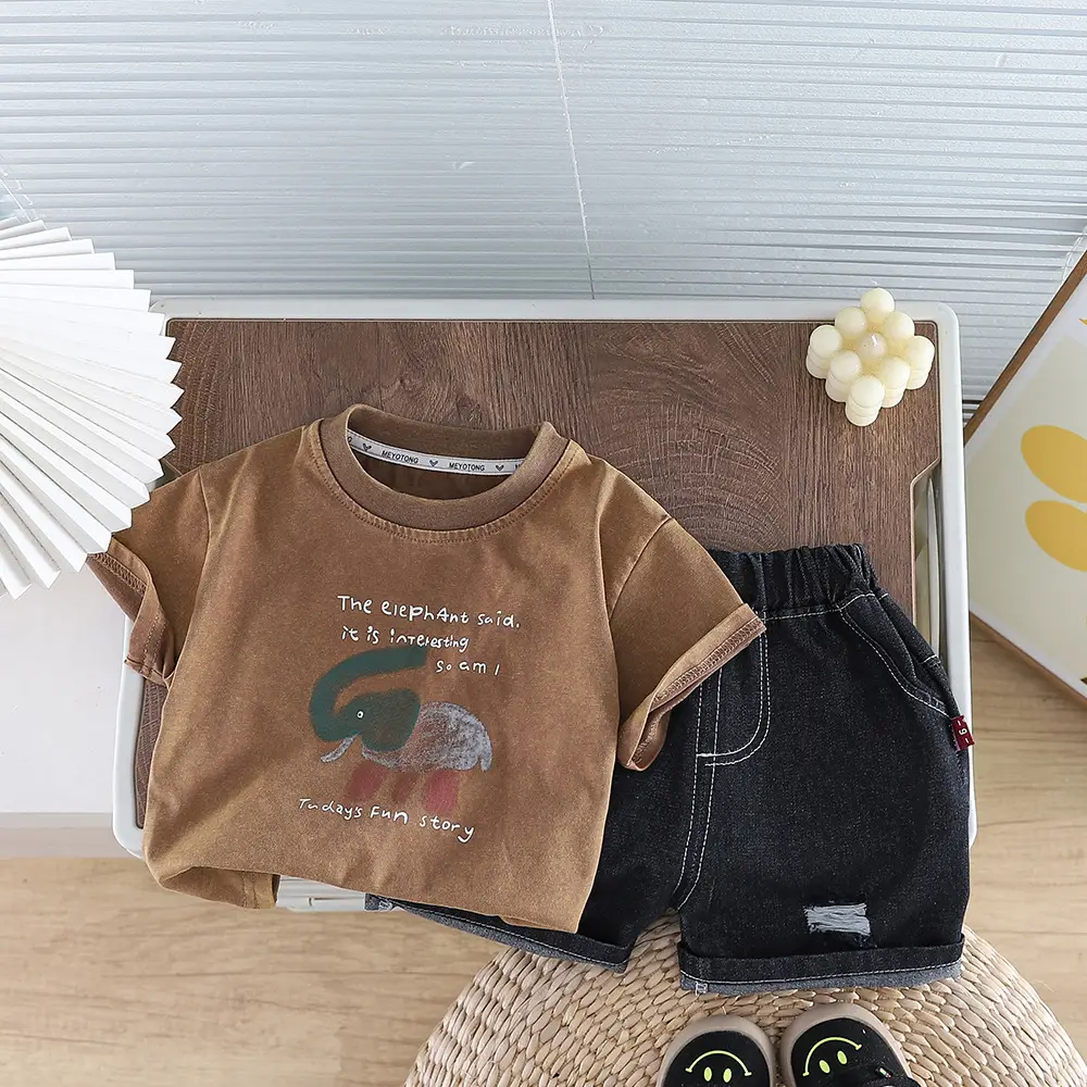 Boys Cartoon T-Shirt Shorts Set Brown Black 2026 — feature 9
