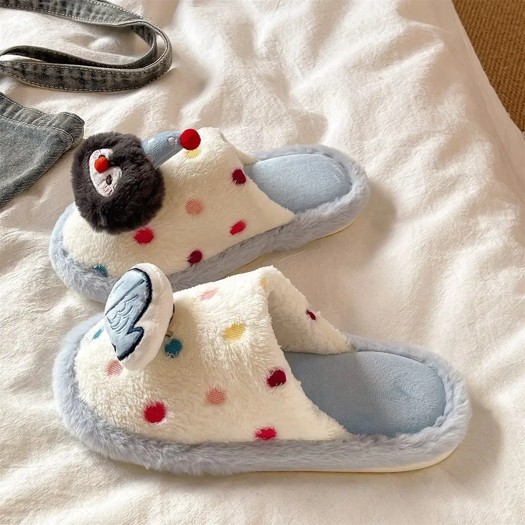 Cute Penguin Polka Dot Cotton Slippers for Women Winter New Outer Wear Fleece-Lined Warm Home Indoor Non-Slip Furry Slippers - Image 3