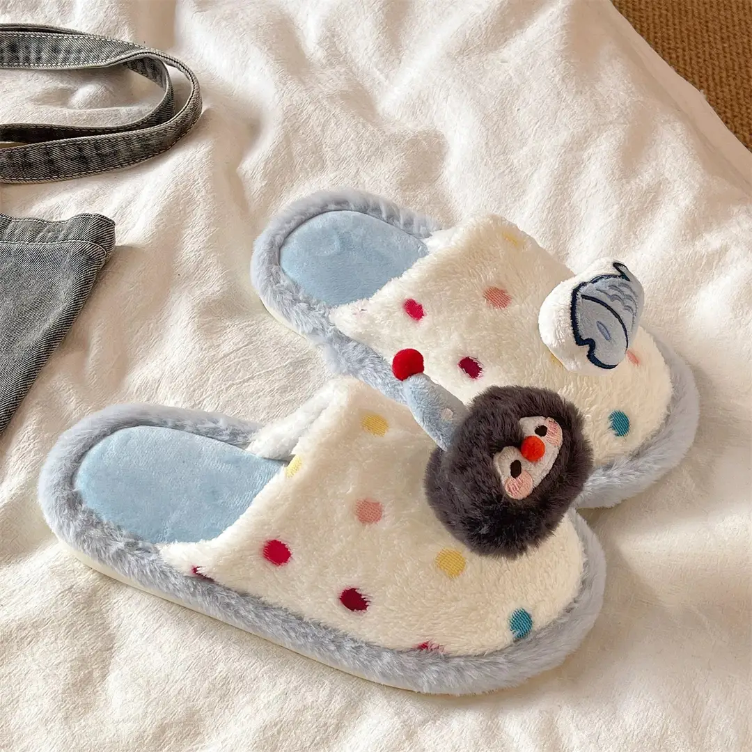 Cute Penguin Polka Dot Cotton Slippers for Women Winter New Outer Wear Fleece-Lined Warm Home Indoor Non-Slip Furry Slippers - Image 4