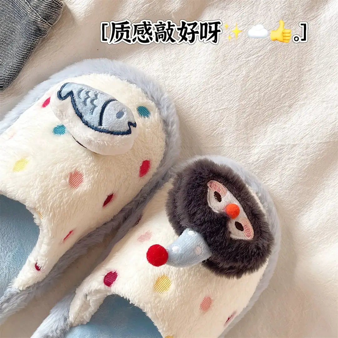 Cute Penguin Polka Dot Cotton Slippers for Women Winter New Outer Wear Fleece-Lined Warm Home Indoor Non-Slip Furry Slippers - Image 6