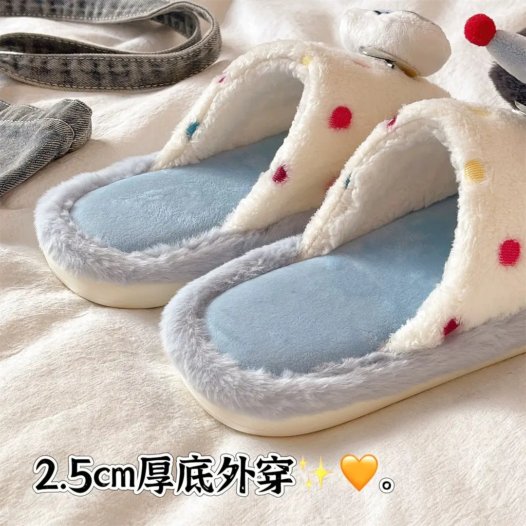 Cute Penguin Polka Dot Cotton Slippers for Women Winter New Outer Wear Fleece-Lined Warm Home Indoor Non-Slip Furry Slippers - Image 7