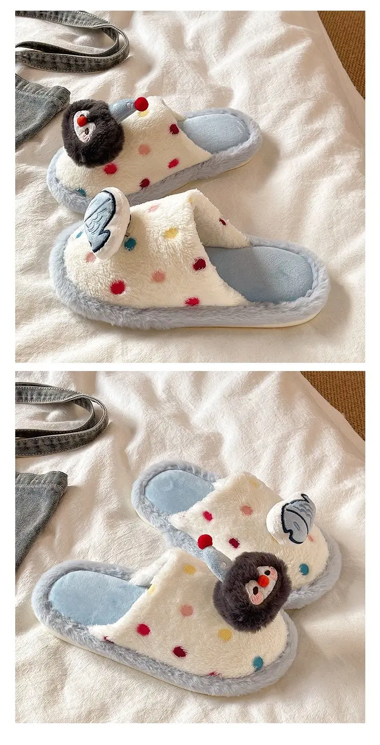 Cute Penguin Polka Dot Cotton Slippers for Women Winter New Outer Wear Fleece-Lined Warm Home Indoor Non-Slip Furry Slippers — feature 4