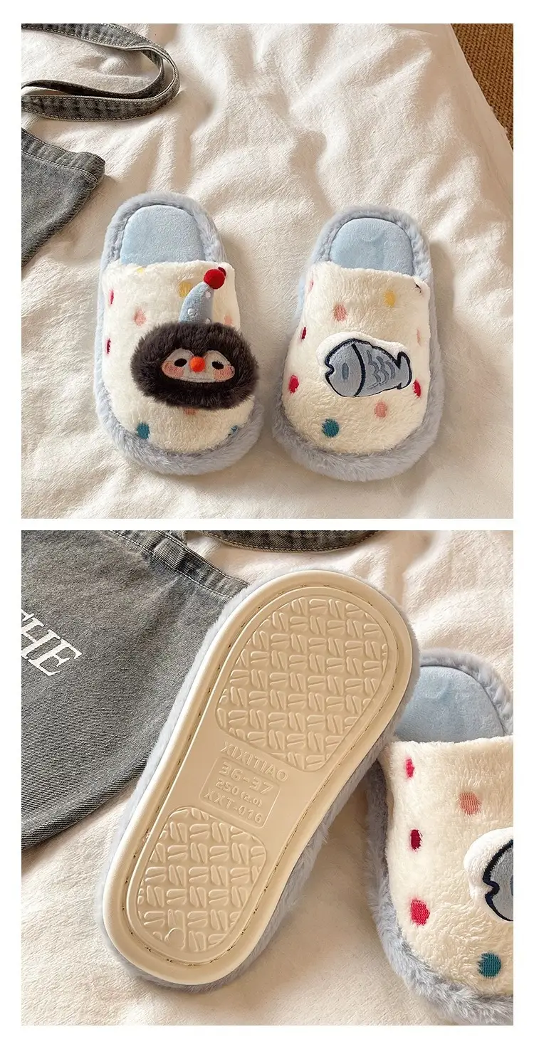 Cute Penguin Polka Dot Cotton Slippers for Women Winter New Outer Wear Fleece-Lined Warm Home Indoor Non-Slip Furry Slippers — feature 5