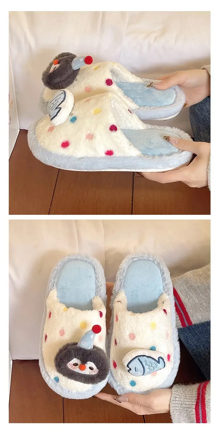 Cute Penguin Polka Dot Cotton Slippers for Women Winter New Outer Wear Fleece-Lined Warm Home Indoor Non-Slip Furry Slippers — feature 6