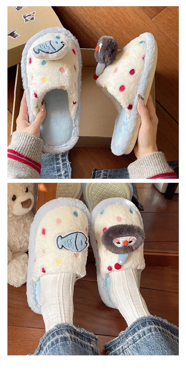Cute Penguin Polka Dot Cotton Slippers for Women Winter New Outer Wear Fleece-Lined Warm Home Indoor Non-Slip Furry Slippers — feature 7