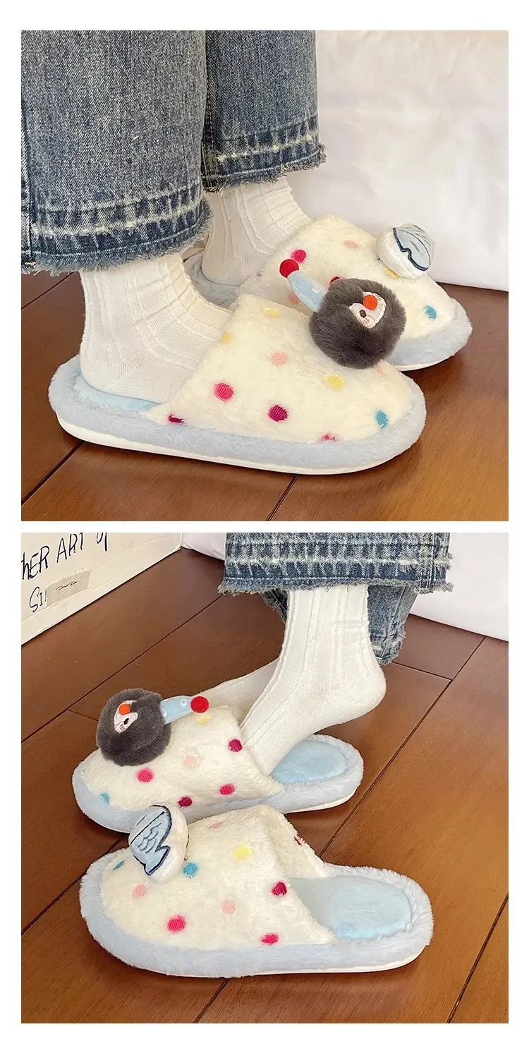 Cute Penguin Polka Dot Cotton Slippers for Women Winter New Outer Wear Fleece-Lined Warm Home Indoor Non-Slip Furry Slippers — feature 8