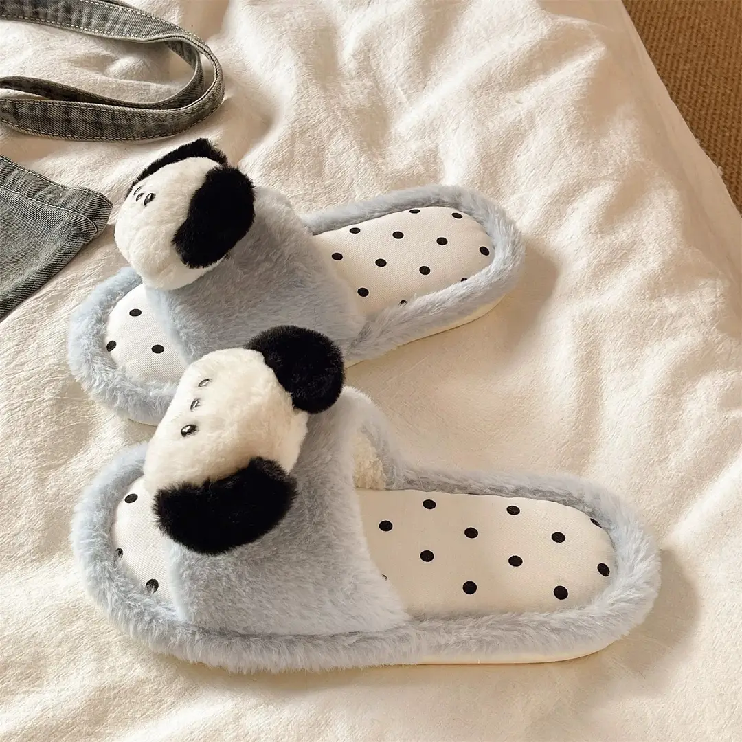 Cute Puppy Polka Dot Furry Shoes for Women in Winter Home Indoor Non-Slip Plush Warm One-Line Cotton Slippers - Image 9