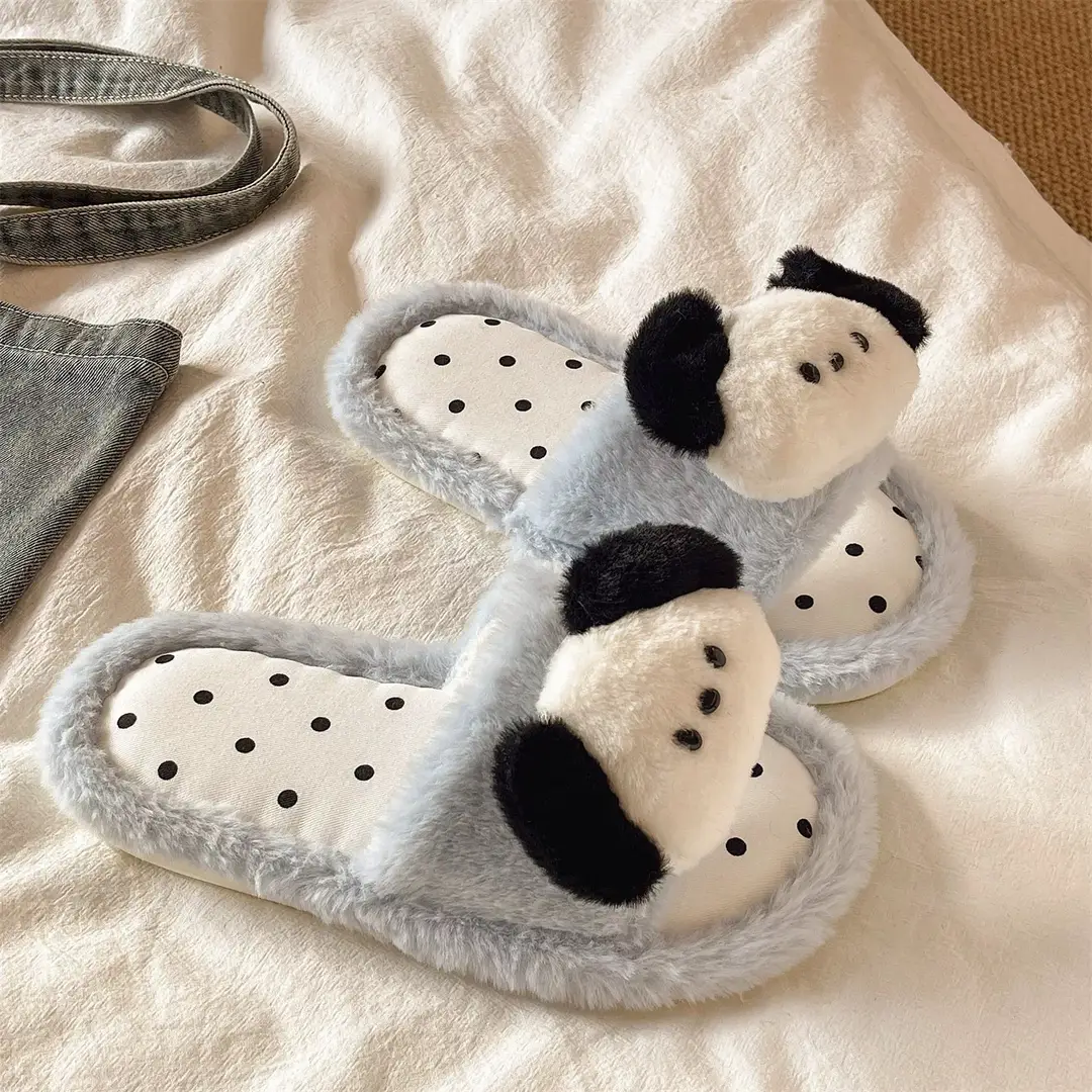 Cute Puppy Polka Dot Furry Shoes for Women in Winter Home Indoor Non-Slip Plush Warm One-Line Cotton Slippers - Image 10