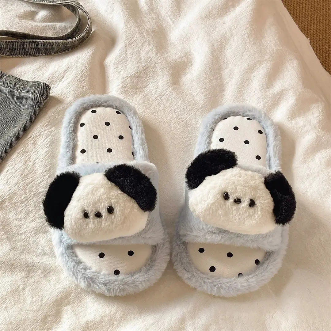 Cute Puppy Polka Dot Furry Shoes for Women in Winter Home Indoor Non-Slip Plush Warm One-Line Cotton Slippers - Image 11