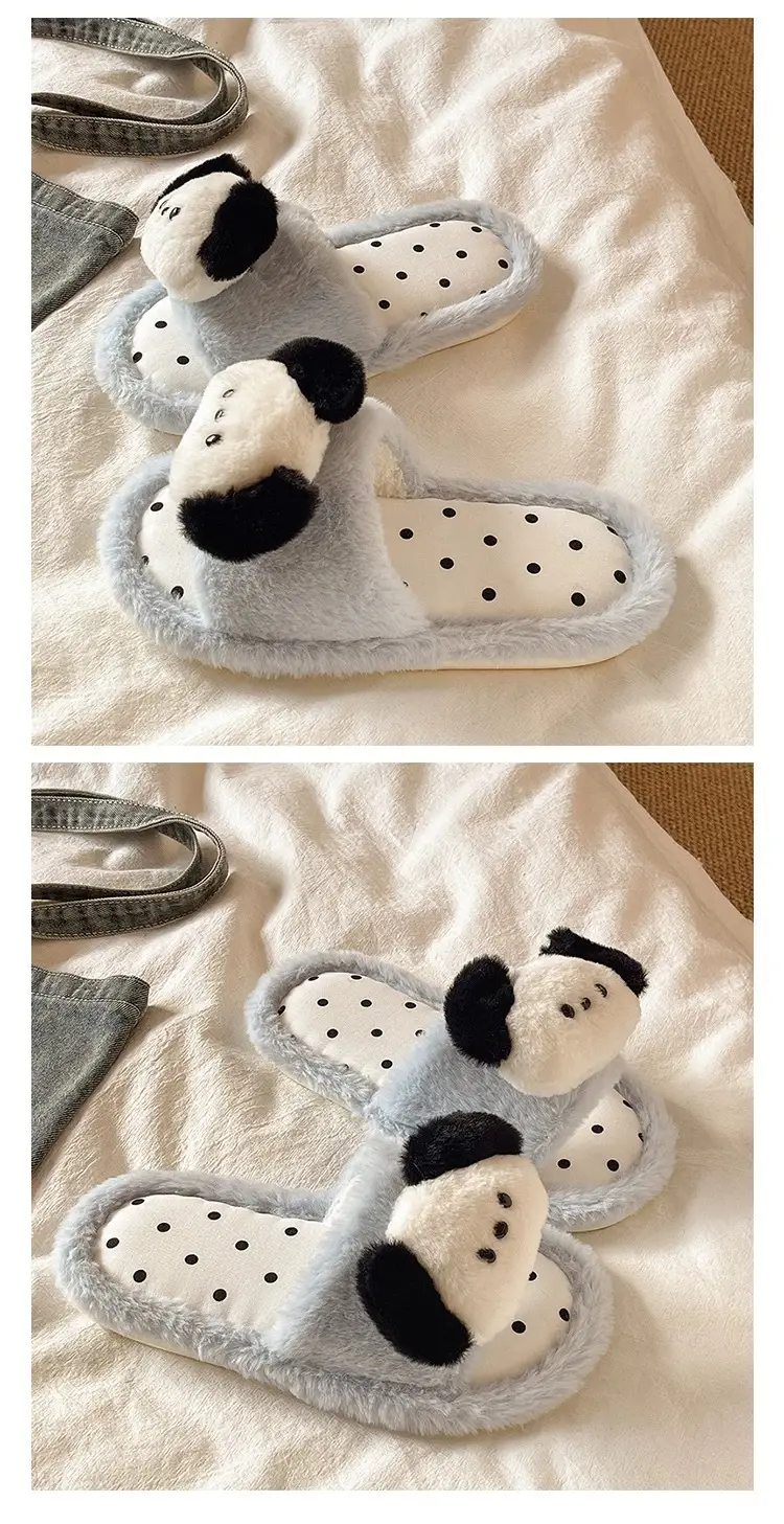 Cute Puppy Polka Dot Furry Shoes for Women in Winter Home Indoor Non-Slip Plush Warm One-Line Cotton Slippers — feature 2