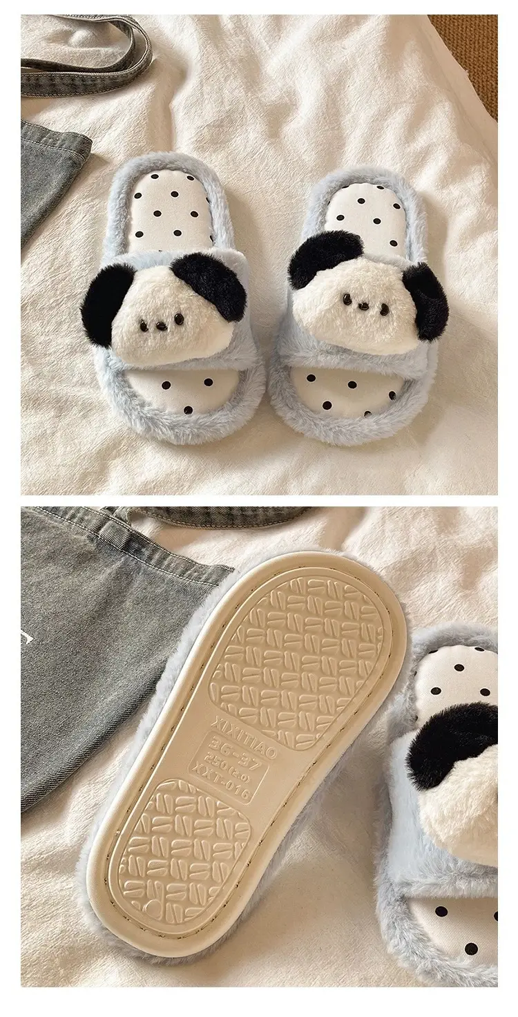 Cute Puppy Polka Dot Furry Shoes for Women in Winter Home Indoor Non-Slip Plush Warm One-Line Cotton Slippers — feature 3