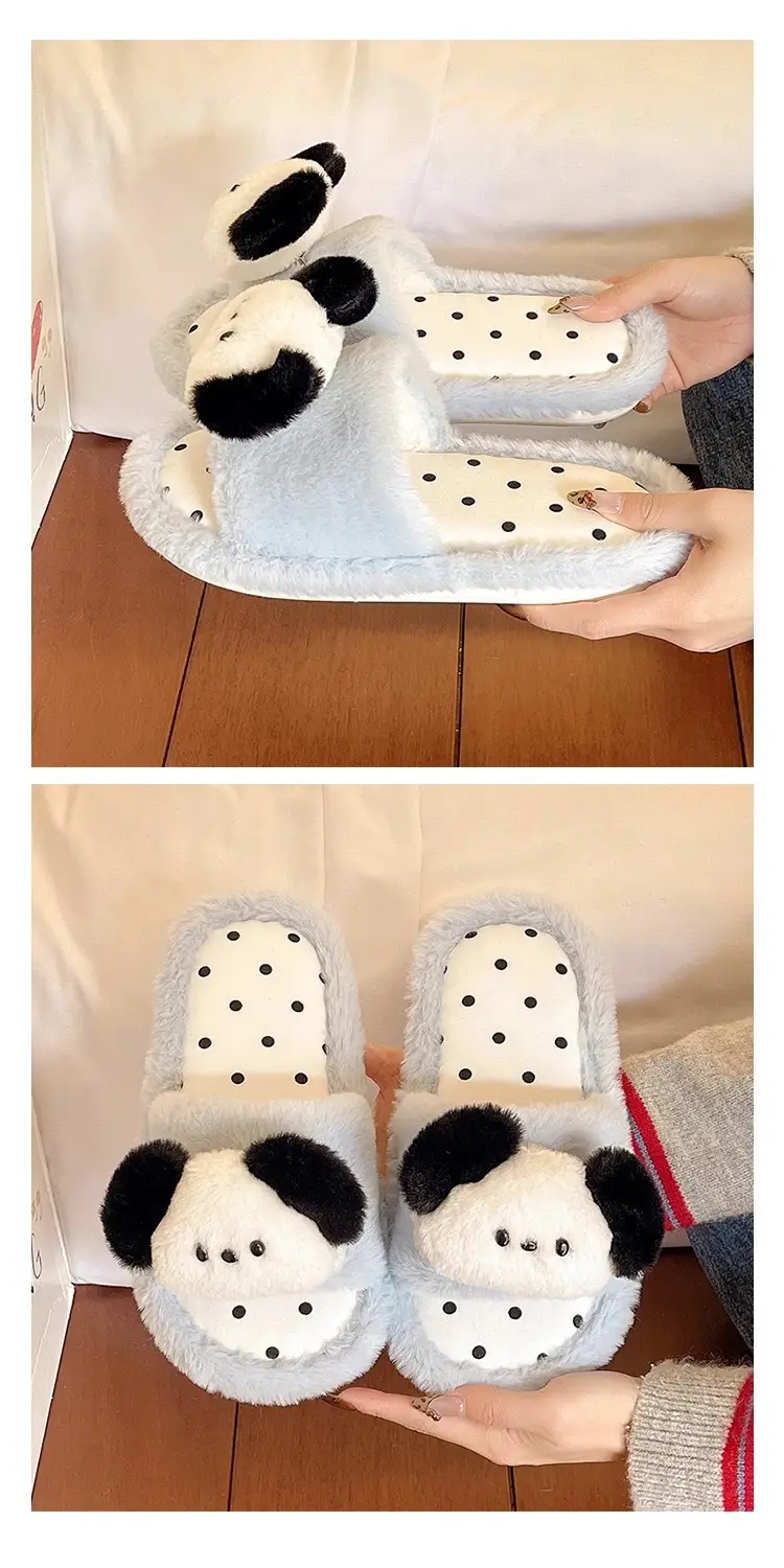 Cute Puppy Polka Dot Furry Shoes for Women in Winter Home Indoor Non-Slip Plush Warm One-Line Cotton Slippers — feature 5