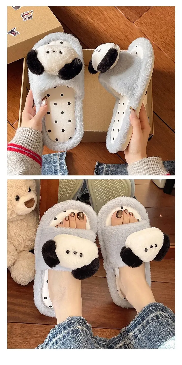 Cute Puppy Polka Dot Furry Shoes for Women in Winter Home Indoor Non-Slip Plush Warm One-Line Cotton Slippers — feature 6
