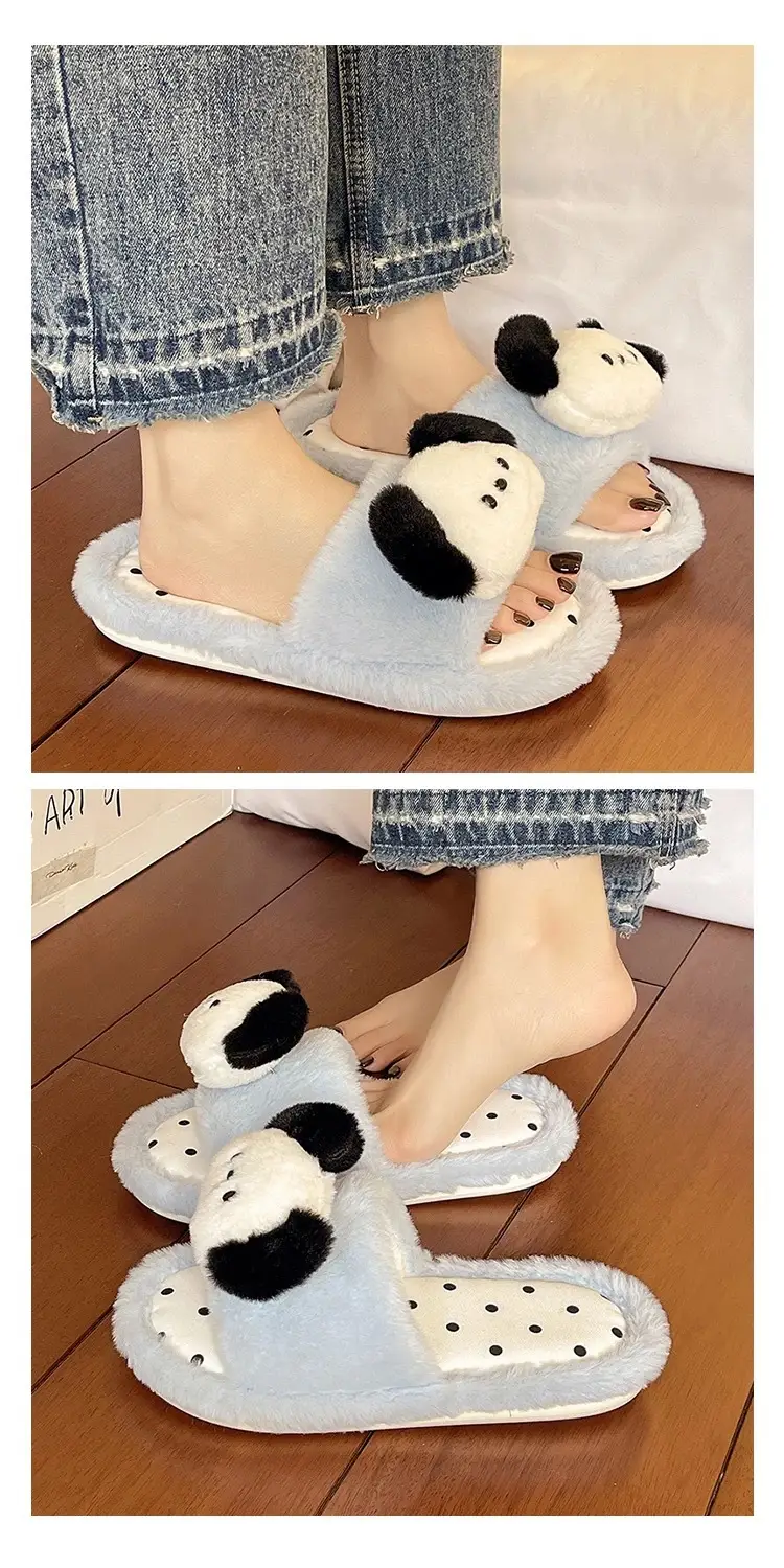 Cute Puppy Polka Dot Furry Shoes for Women in Winter Home Indoor Non-Slip Plush Warm One-Line Cotton Slippers — feature 7