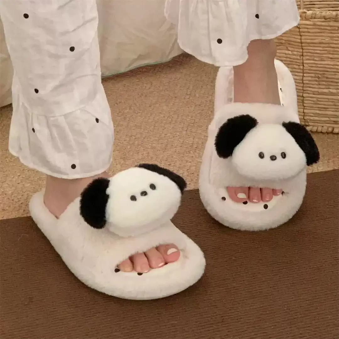 Cute Puppy Polka Dot Furry Shoes for Women in Winter Home Indoor Non-Slip Plush Warm One-Line Cotton Slippers - Image 2