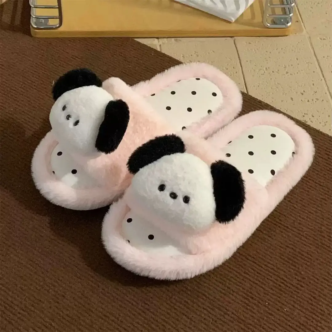 Cute Puppy Polka Dot Furry Shoes for Women in Winter Home Indoor Non-Slip Plush Warm One-Line Cotton Slippers - Image 3