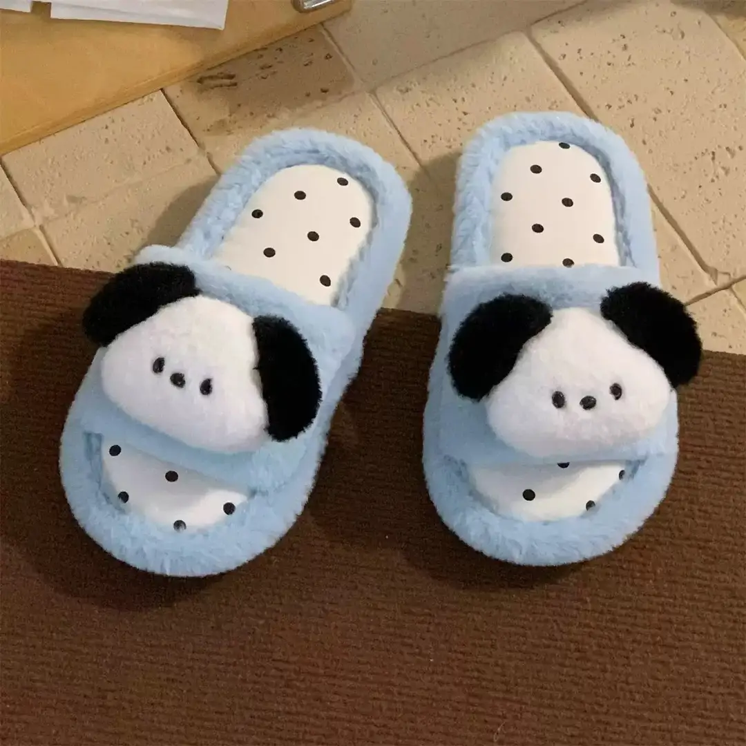 Cute Puppy Polka Dot Furry Shoes for Women in Winter Home Indoor Non-Slip Plush Warm One-Line Cotton Slippers - Image 4