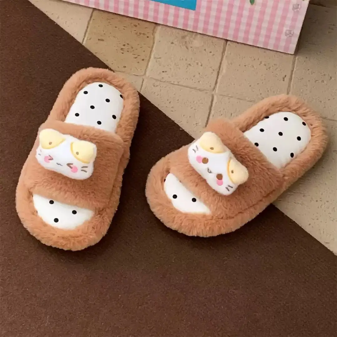 Cute Puppy Polka Dot Furry Shoes for Women in Winter Home Indoor Non-Slip Plush Warm One-Line Cotton Slippers - Image 5