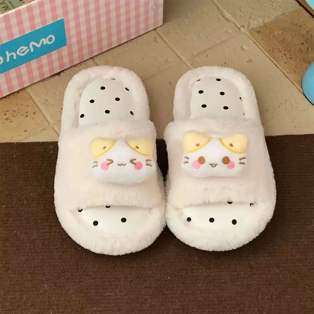 Cute Puppy Polka Dot Furry Shoes for Women in Winter Home Indoor Non-Slip Plush Warm One-Line Cotton Slippers - Image 6
