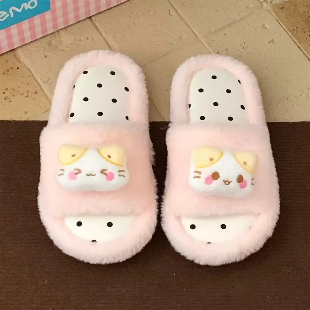 Cute Puppy Polka Dot Furry Shoes for Women in Winter Home Indoor Non-Slip Plush Warm One-Line Cotton Slippers - Image 7