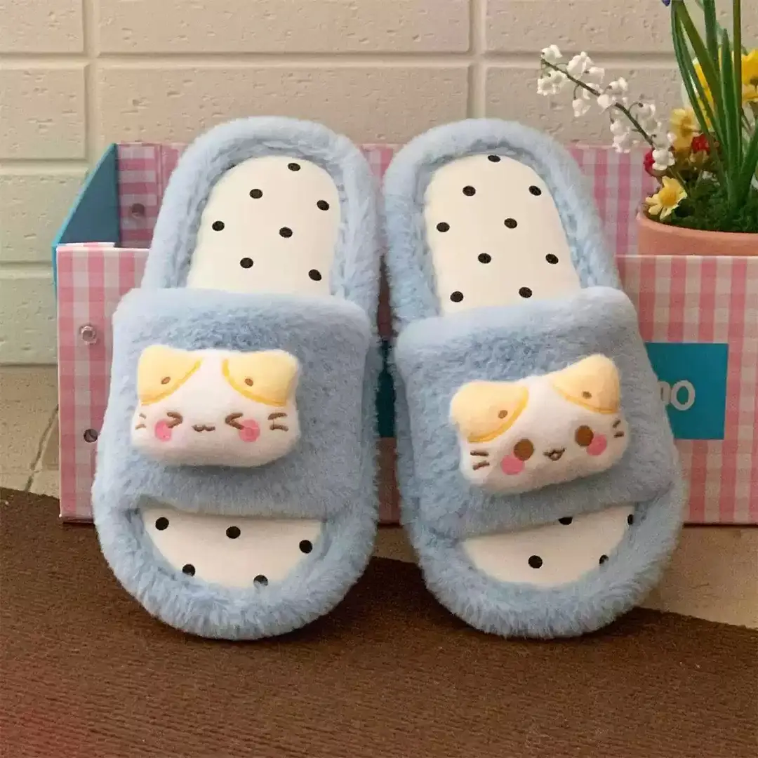 Cute Puppy Polka Dot Furry Shoes for Women in Winter Home Indoor Non-Slip Plush Warm One-Line Cotton Slippers - Image 8